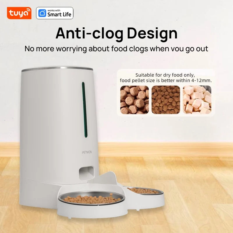 Smart Wi-Fi Automatic Pet Feeder for Cats and Dogs with Dual Stainless Steel Bowls and Customizable Feeding Schedule