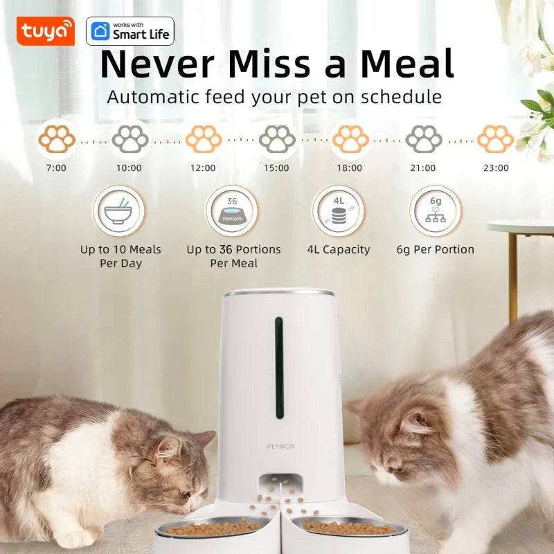 Smart Wi-Fi Automatic Pet Feeder for Cats and Dogs with Dual Stainless Steel Bowls and Customizable Feeding Schedule