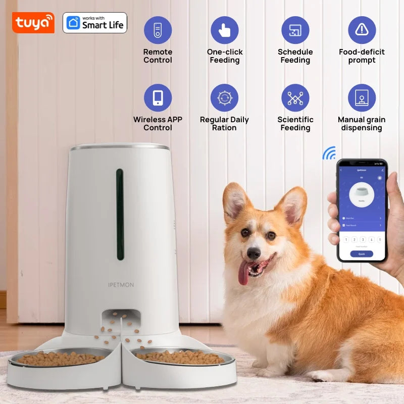 Smart Wi-Fi Automatic Pet Feeder for Cats and Dogs with Dual Stainless Steel Bowls and Customizable Feeding Schedule