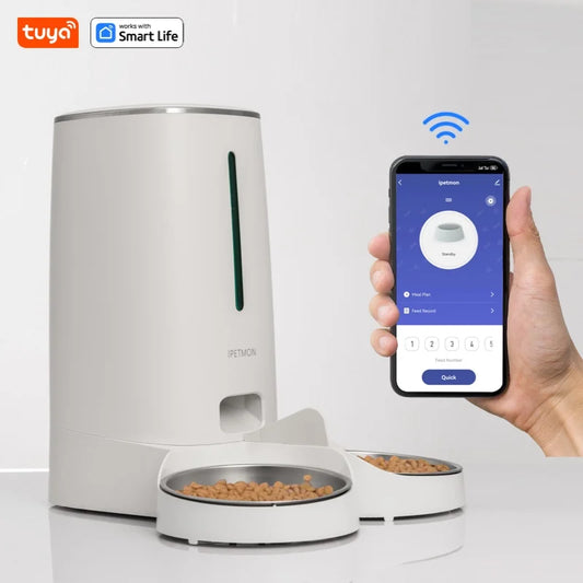 Smart Wi-Fi Automatic Pet Feeder for Cats and Dogs with Dual Stainless Steel Bowls and Customizable Feeding Schedule