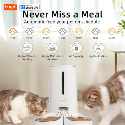Smart Wi-Fi Automatic Pet Feeder for Cats and Dogs with Dual Stainless Steel Bowls and Customizable Feeding Schedule